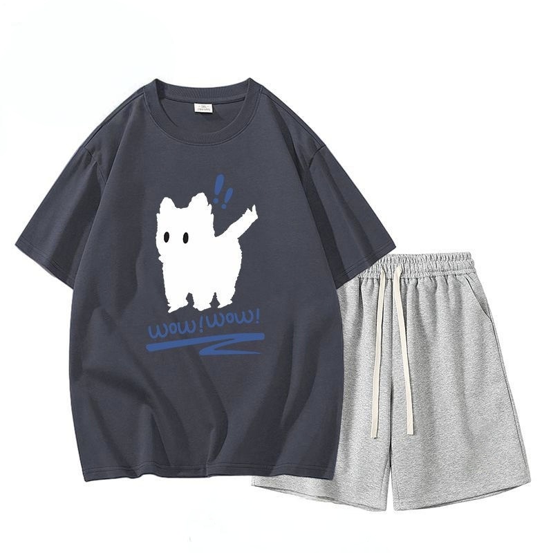 【單件/套裝】貓咪純棉潮流短袖+休閒運動短褲兩件套裝-vivivale