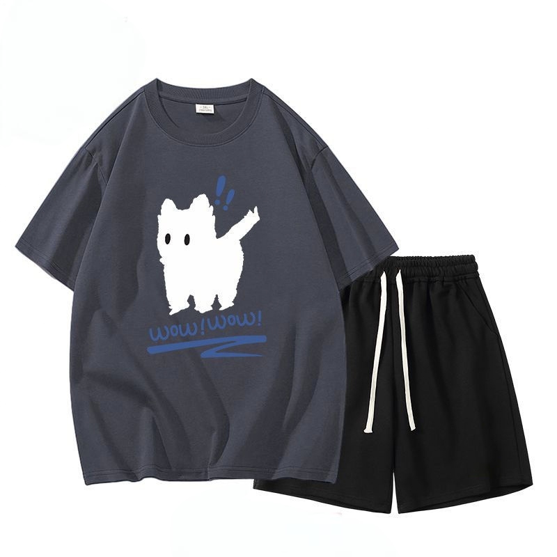 【單件/套裝】貓咪純棉潮流短袖+休閒運動短褲兩件套裝-vivivale
