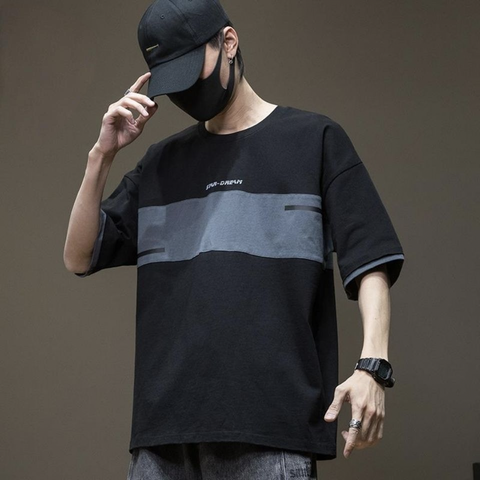 日系拼接百搭寬鬆圓領純棉短袖T恤-vivivale