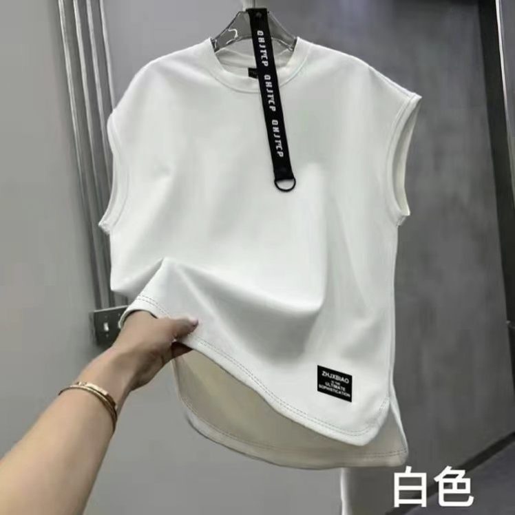 美式透氣寬鬆無袖純色圓領坎肩背心-vivivale