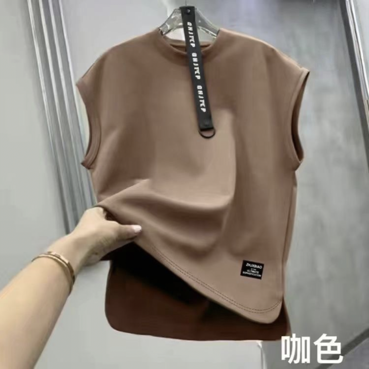 美式透氣寬鬆無袖純色圓領坎肩背心-vivivale