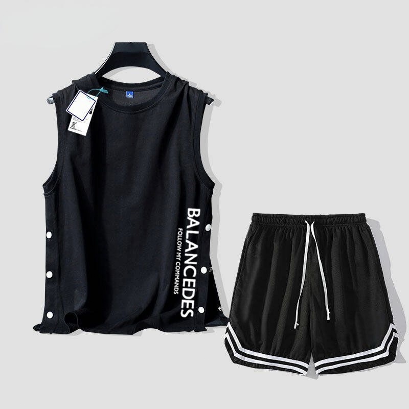 【套裝】薄款運動風速乾冰絲帥氣籃球背心+短褲兩件套裝-vivivale