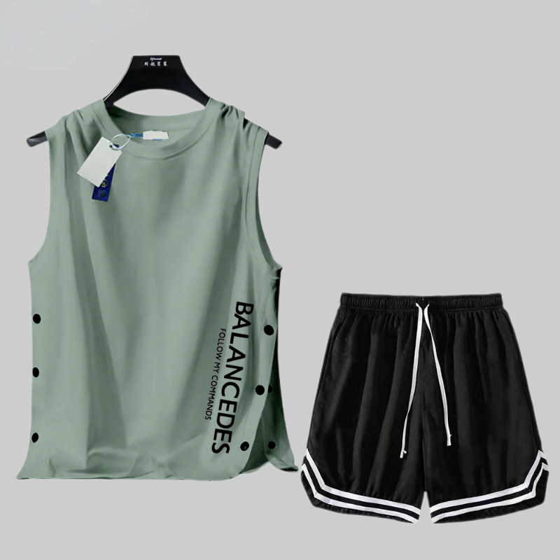 【套裝】薄款運動風速乾冰絲帥氣籃球背心+短褲兩件套裝-vivivale