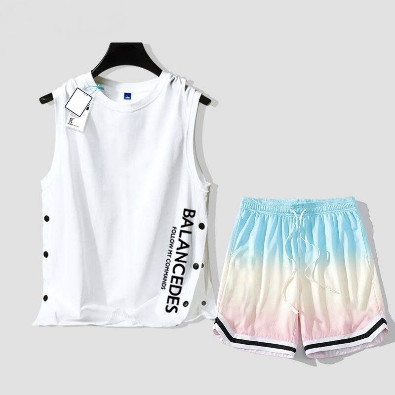 【套裝】薄款運動風速乾冰絲帥氣籃球背心+短褲兩件套裝-vivivale