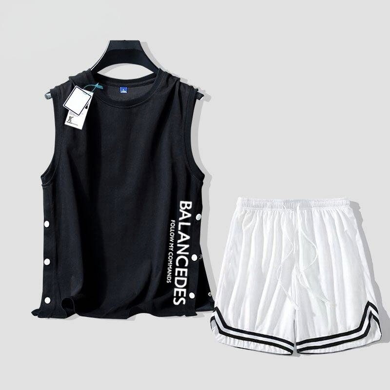 【套裝】薄款運動風速乾冰絲帥氣籃球背心+短褲兩件套裝-vivivale