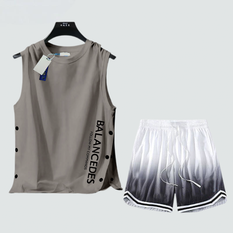【套裝】薄款運動風速乾冰絲帥氣籃球背心+短褲兩件套裝-vivivale