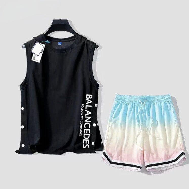 【套裝】薄款運動風速乾冰絲帥氣籃球背心+短褲兩件套裝-vivivale