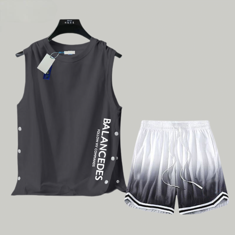 【套裝】薄款運動風速乾冰絲帥氣籃球背心+短褲兩件套裝-vivivale