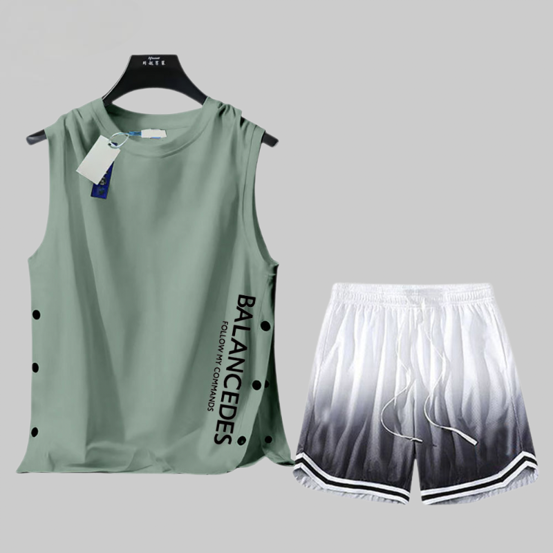 【套裝】薄款運動風速乾冰絲帥氣籃球背心+短褲兩件套裝-vivivale