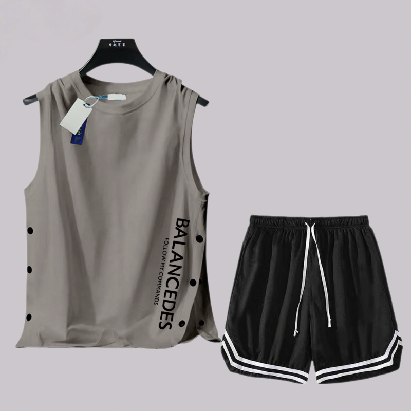 【套裝】薄款運動風速乾冰絲帥氣籃球背心+短褲兩件套裝-vivivale