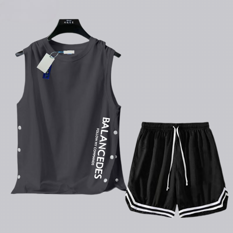 【套裝】薄款運動風速乾冰絲帥氣籃球背心+短褲兩件套裝-vivivale