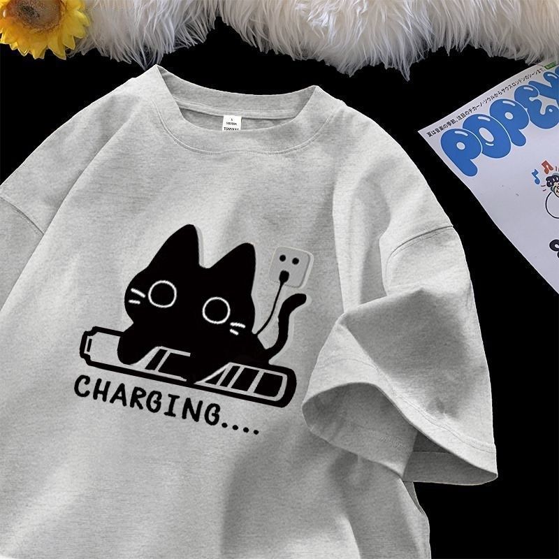 日系百搭休閒寬鬆可愛貓咪情侶款棉短袖T恤-vivivale