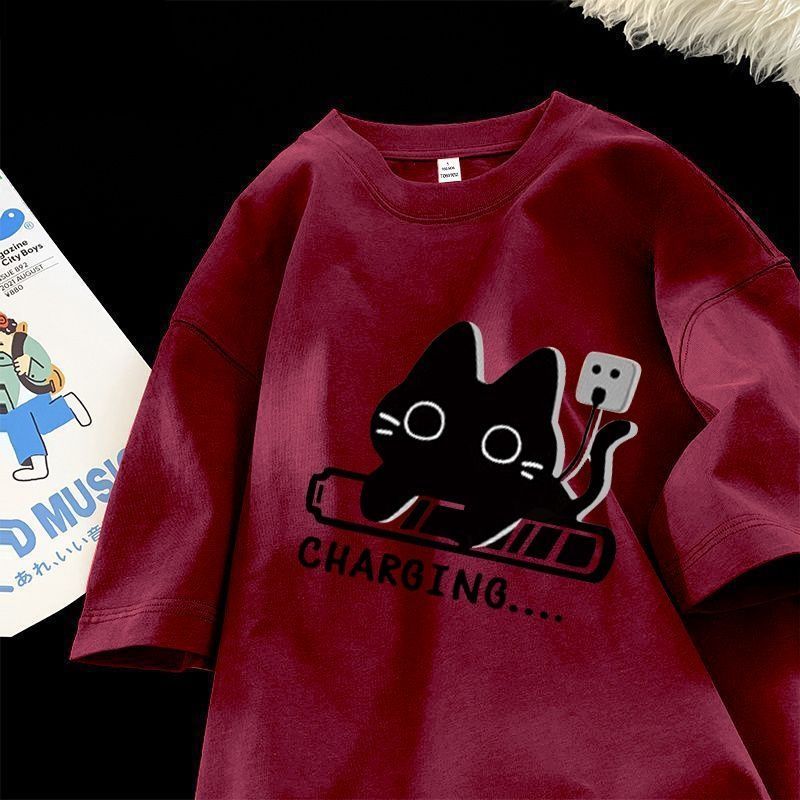 日系百搭休閒寬鬆可愛貓咪情侶款棉短袖T恤-vivivale