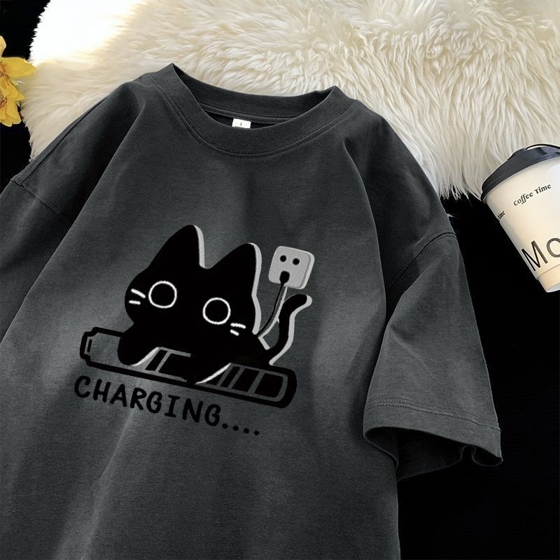 日系百搭休閒寬鬆可愛貓咪情侶款棉短袖T恤-vivivale