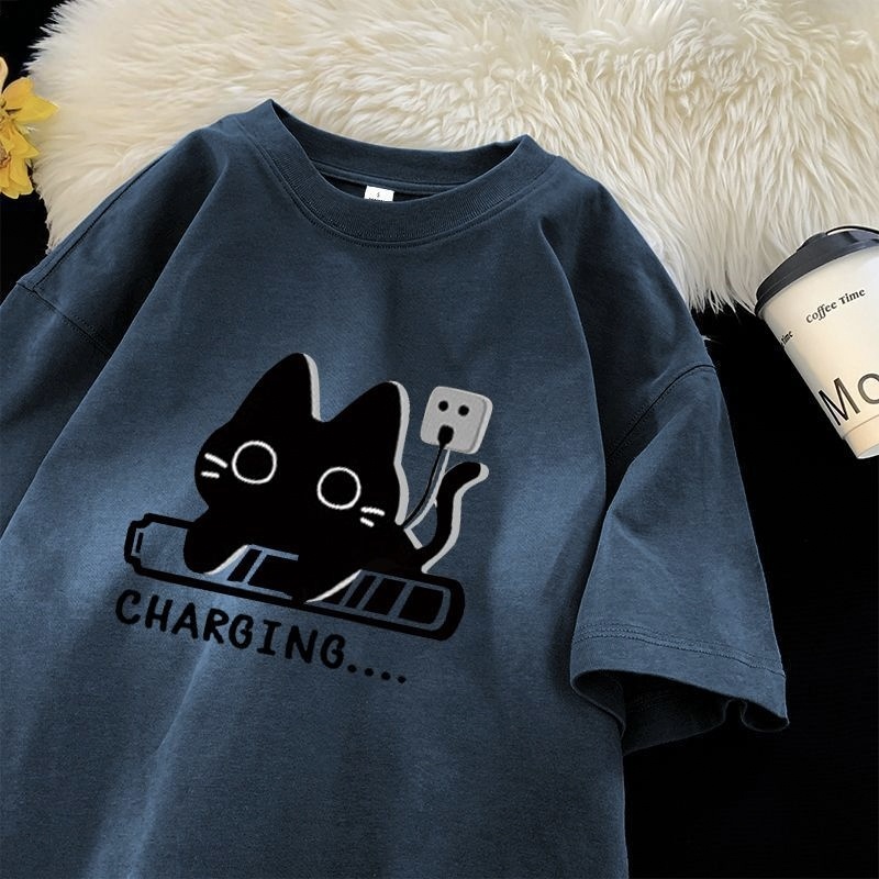 日系百搭休閒寬鬆可愛貓咪情侶款棉短袖T恤-vivivale