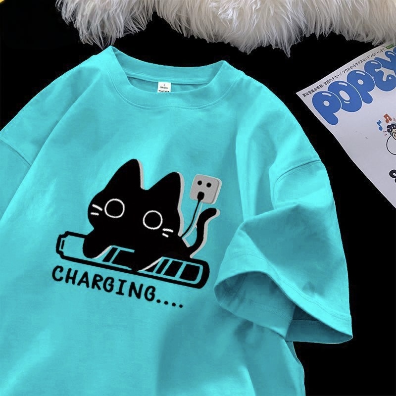 日系百搭休閒寬鬆可愛貓咪情侶款棉短袖T恤-vivivale