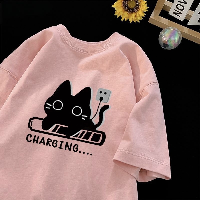 日系百搭休閒寬鬆可愛貓咪情侶款棉短袖T恤-vivivale