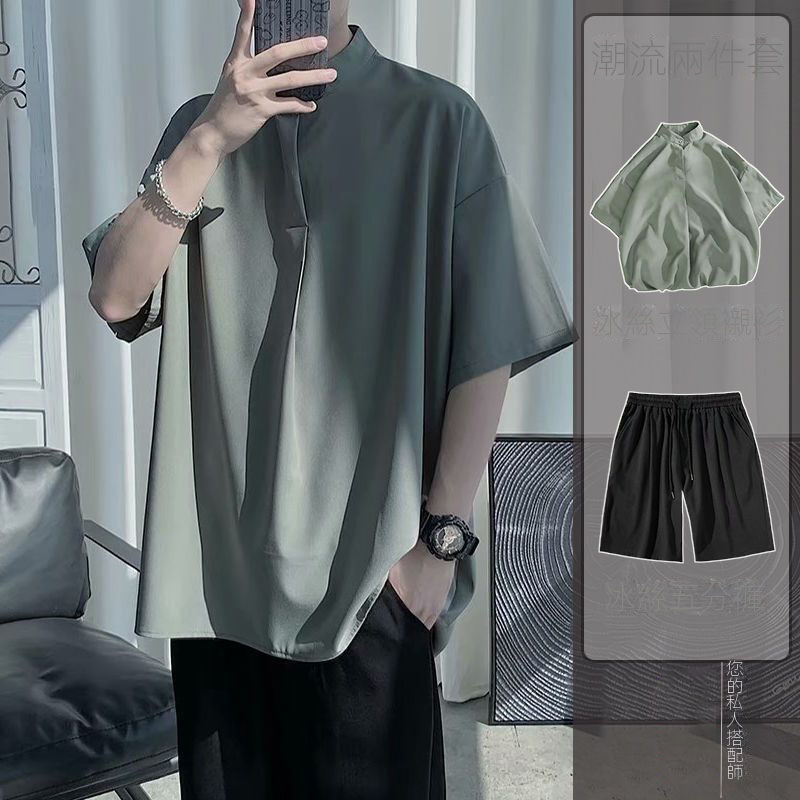 【單件/套裝】冰絲寬鬆立領襯衫+潮流純色五分褲兩件套-vivivale