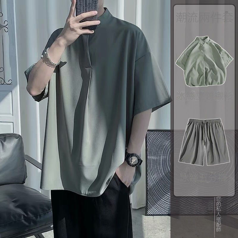 【單件/套裝】冰絲寬鬆立領襯衫+潮流純色五分褲兩件套-vivivale