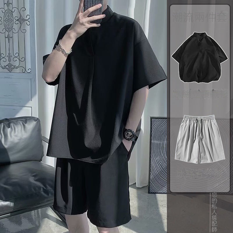 【單件/套裝】冰絲寬鬆立領襯衫+潮流純色五分褲兩件套-vivivale