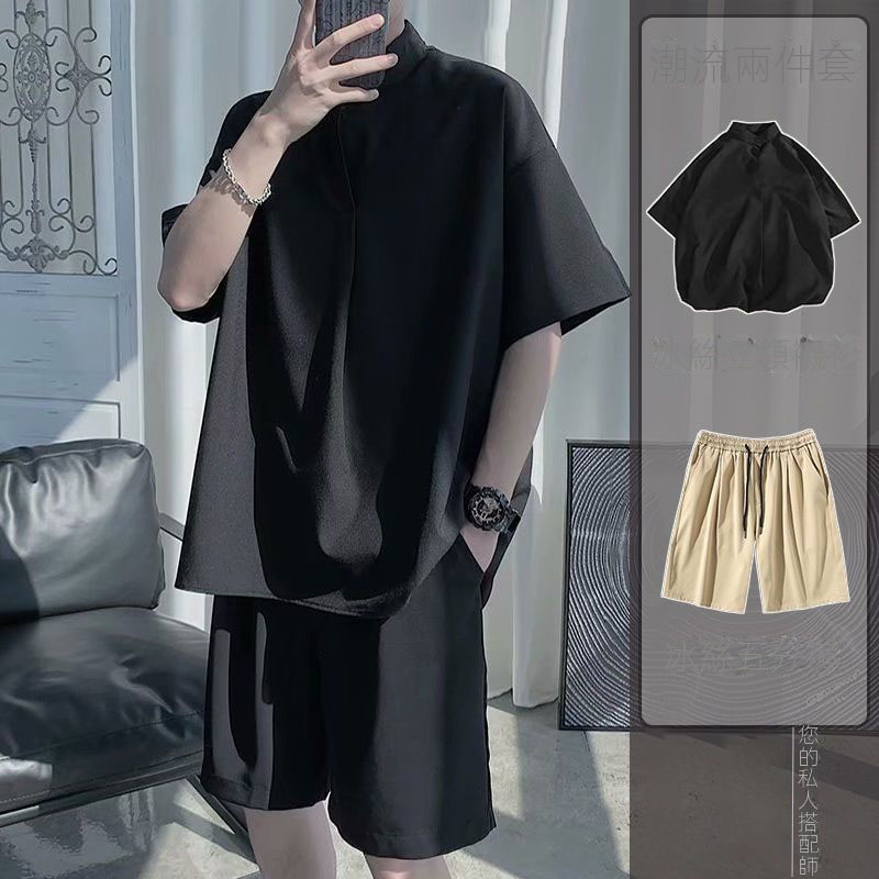 【單件/套裝】冰絲寬鬆立領襯衫+潮流純色五分褲兩件套-vivivale