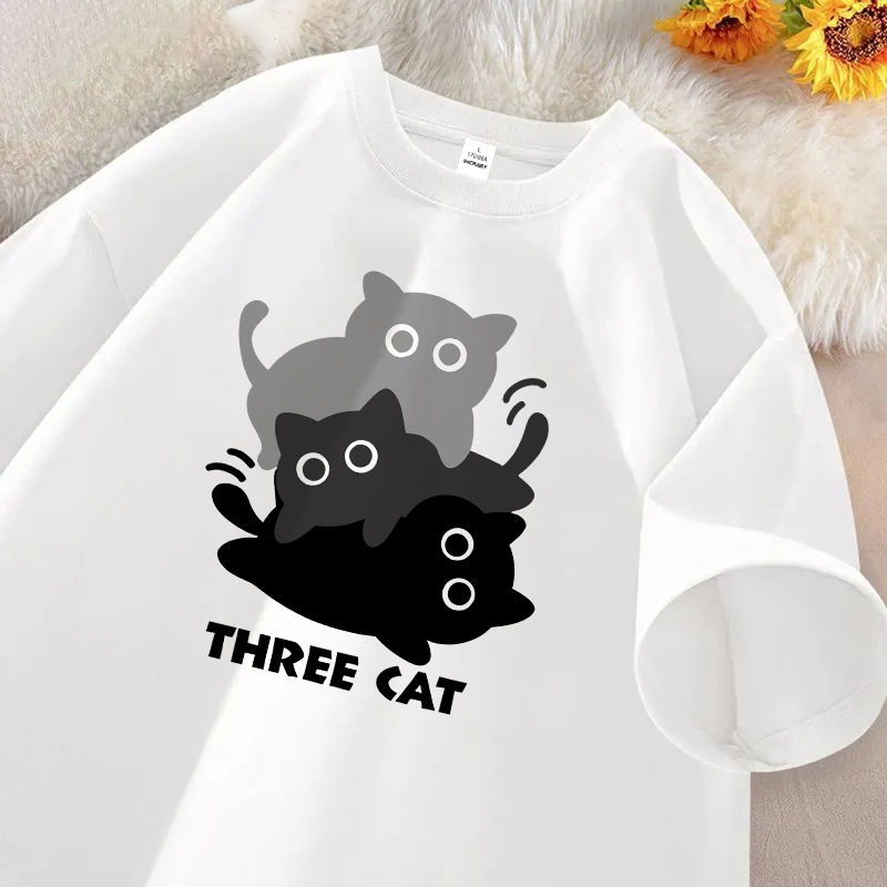 美式純棉貓咪印花簡約百搭寬鬆短袖T恤-vivivale