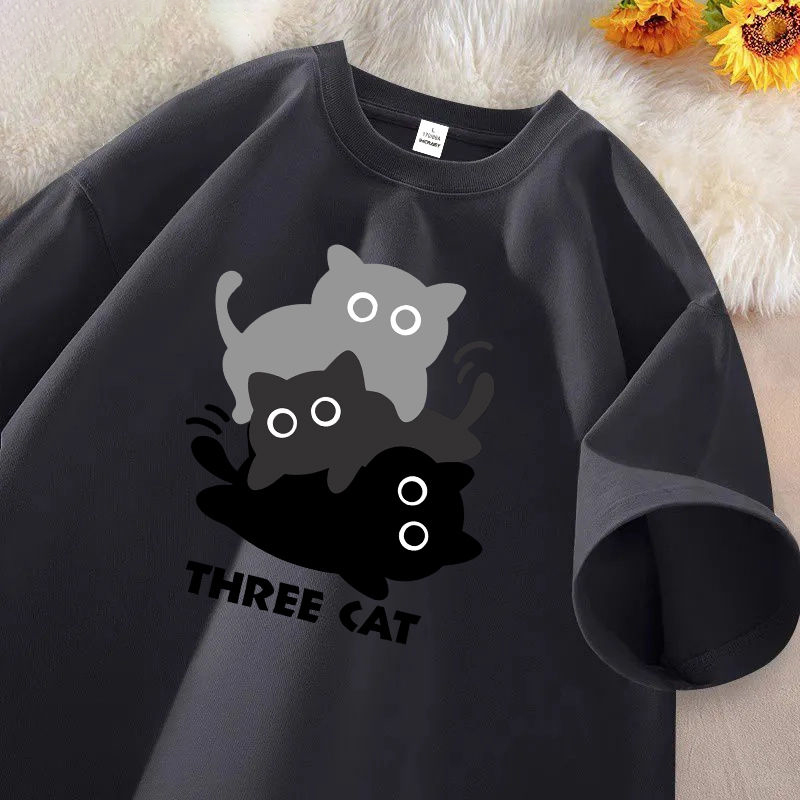 美式純棉貓咪印花簡約百搭寬鬆短袖T恤-vivivale