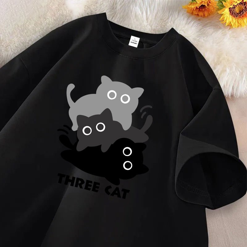 美式純棉貓咪印花簡約百搭寬鬆短袖T恤-vivivale