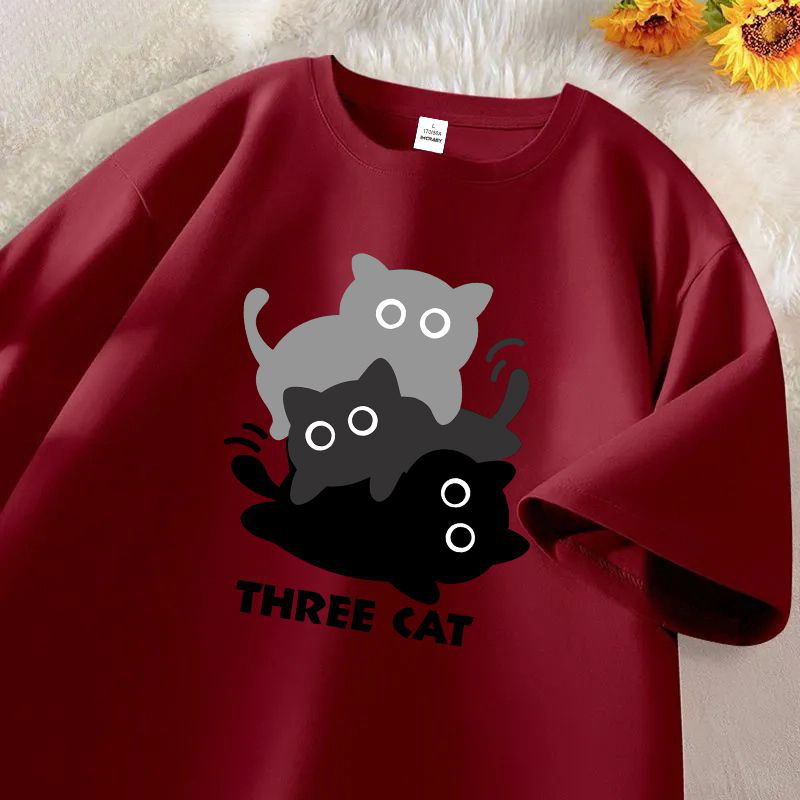 美式純棉貓咪印花簡約百搭寬鬆短袖T恤-vivivale