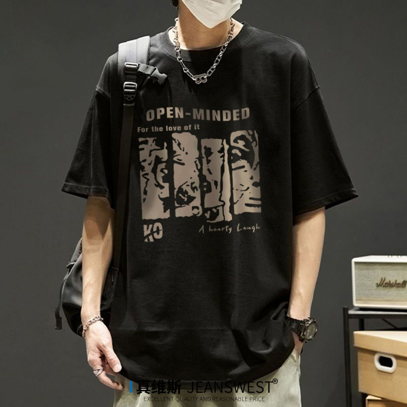 重磅純棉復古圓領印花透氣正肩短袖T恤-vivivale