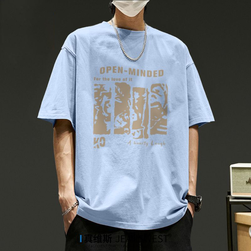 重磅純棉復古圓領印花透氣正肩短袖T恤-vivivale