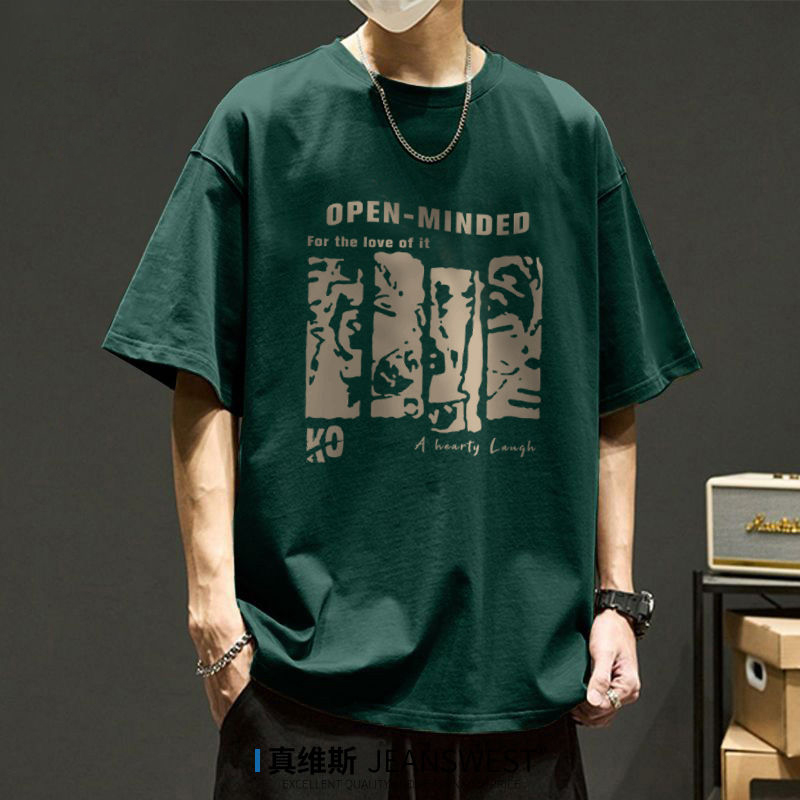 重磅純棉復古圓領印花透氣正肩短袖T恤-vivivale