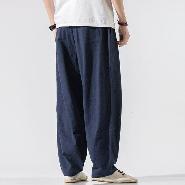 中國風亞麻寬鬆大碼直筒棉麻休閒燈籠褲-vivivale