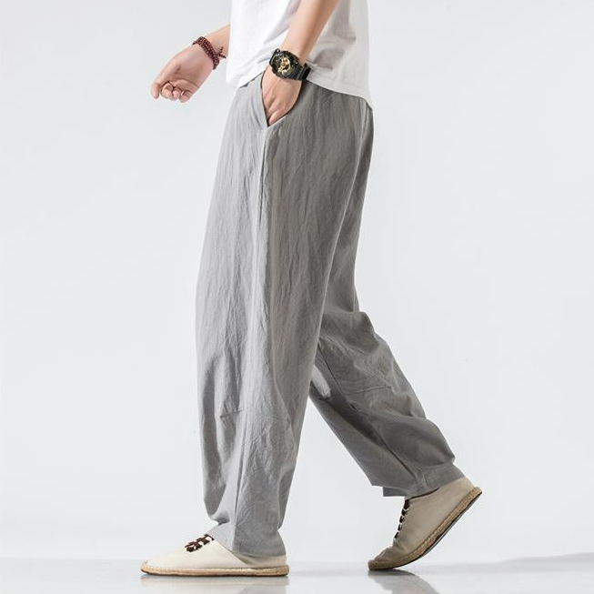 中國風亞麻寬鬆大碼直筒棉麻休閒燈籠褲-vivivale