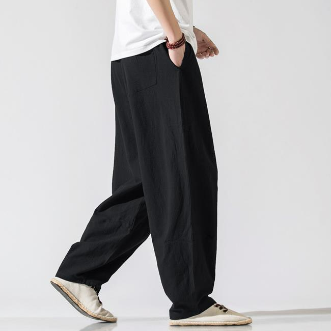中國風亞麻寬鬆大碼直筒棉麻休閒燈籠褲-vivivale