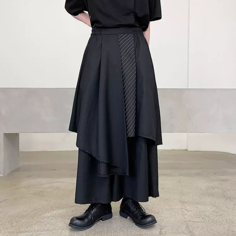 設計感假兩件黑武士日式闊腿裙褲-vivivale