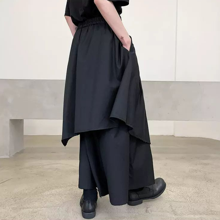 設計感假兩件黑武士日式闊腿裙褲-vivivale