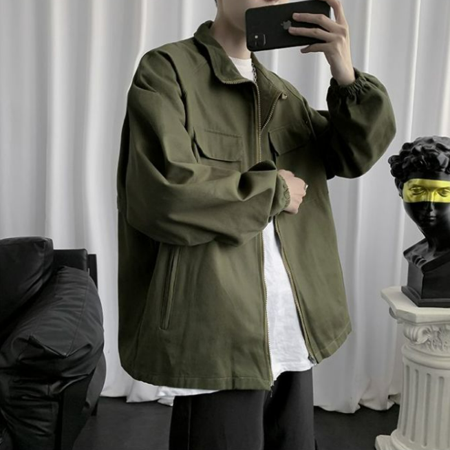潮流設計感帥氣夾克寬鬆港風立領工裝外套-vivivale