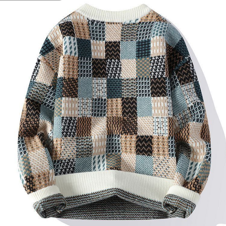 寬鬆休閒保暖針織衫圓領打底帥氣格子毛衣-vivivale