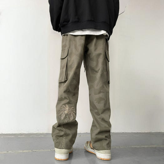水洗迷彩高街復古刺繡百搭直筒休閒工裝褲-vivivale