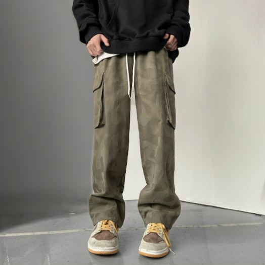 水洗迷彩高街復古刺繡百搭直筒休閒工裝褲-vivivale