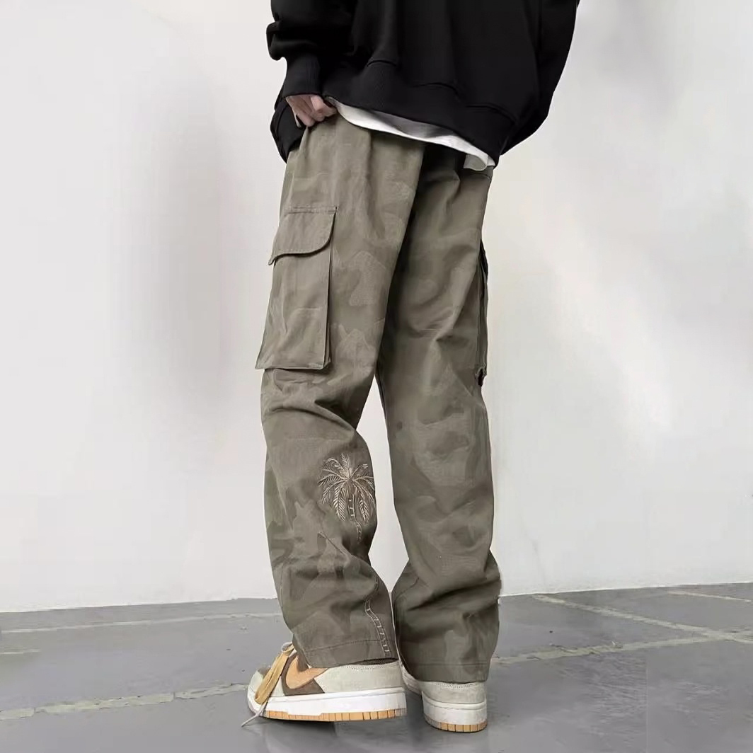 水洗迷彩高街復古刺繡百搭直筒休閒工裝褲-vivivale