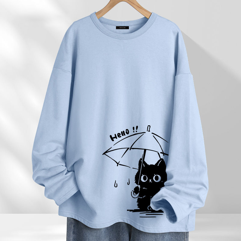 簡約寬鬆休閒小眾設計感撐傘貓長袖t恤-vivivale