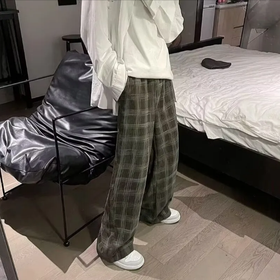 港風ins潮流復古直筒寬鬆休閒格子運動褲-vivivale