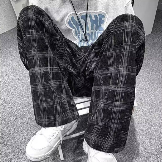 港風ins潮流復古直筒寬鬆休閒格子運動褲-vivivale
