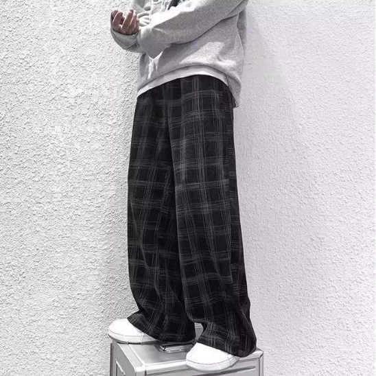 港風ins潮流復古直筒寬鬆休閒格子運動褲-vivivale