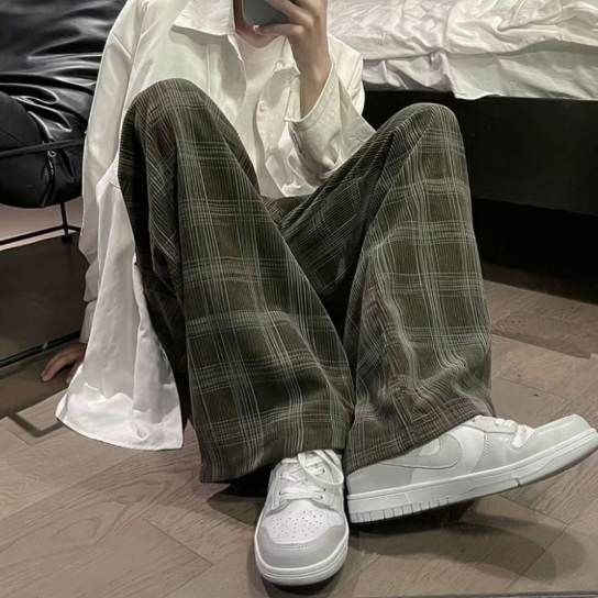 港風ins潮流復古直筒寬鬆休閒格子運動褲-vivivale