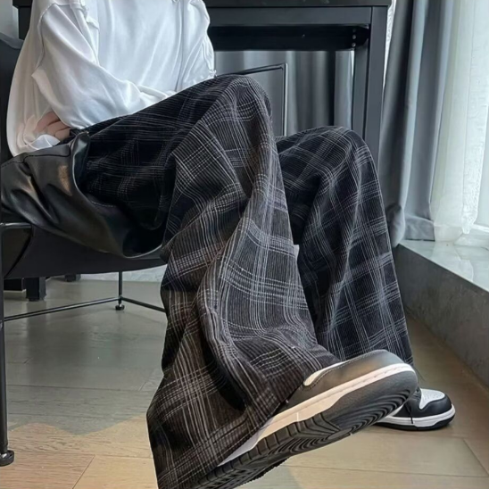 港風ins潮流復古直筒寬鬆休閒格子運動褲-vivivale