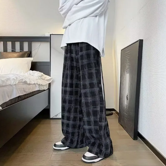 港風ins潮流復古直筒寬鬆休閒格子運動褲-vivivale