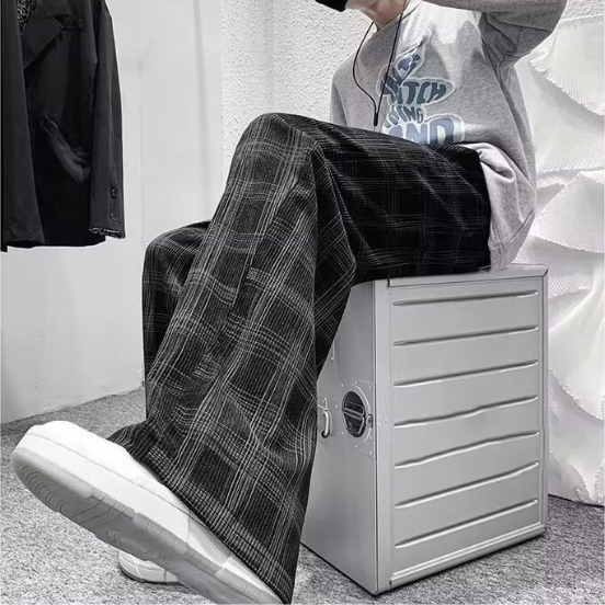 港風ins潮流復古直筒寬鬆休閒格子運動褲-vivivale